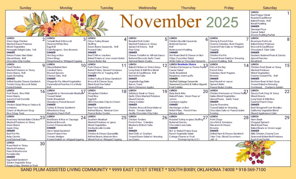 SP- Nov Menu -Premier- Sand Plum Assisted Living